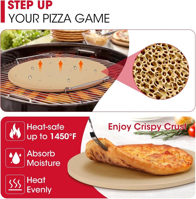 Unicook 12 Inch Round Pizza Stone for Oven and Grill, Cordierite Bread Baking Stone, Baking Crispy Pizzas, Bread and Cookies, Includes Carry Rack and Dough Scraper - Image 2